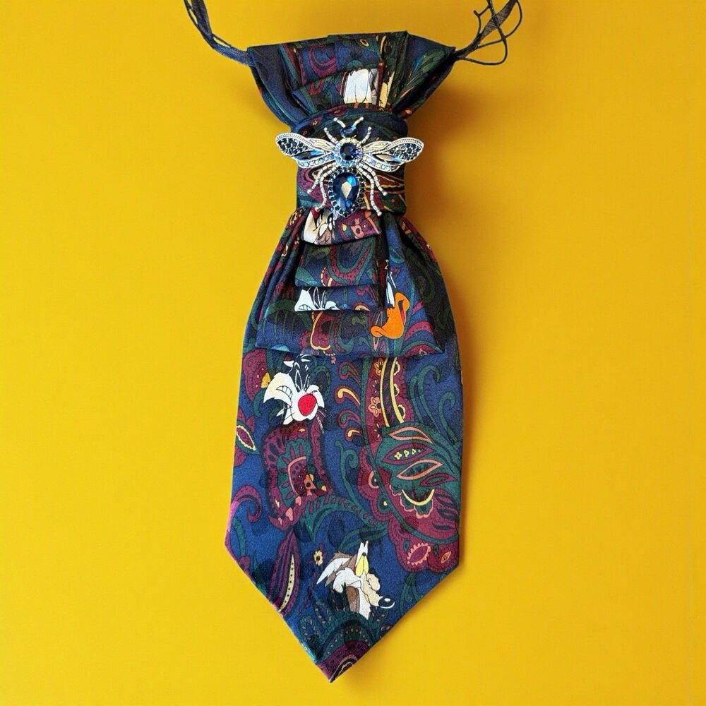 Upcycled 1995 Looney Tunes Silk Tie Necklace • Handmade Statement Jewelry • VTG